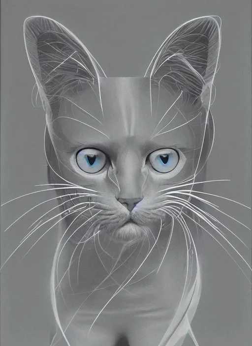 Image similar to futuristic lasers tracing, laser cat, selkirk rex longhair, by steven meisel, kaws, rolf armstrong, mondrian, kandinsky, perfect geometry abstract acrylic, octane hyperrealism photorealistic airbrush collage painting, dark monochrome, fluorescent colors, minimalist rule of thirds, eighties eros