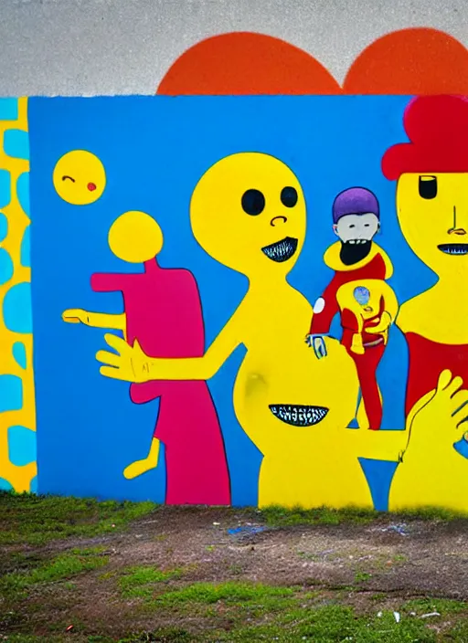 Image similar to graffiti, splash painting, happy family, by os gemeos