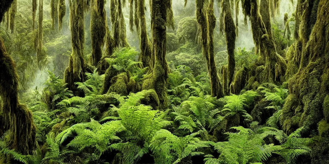 Prompt: New Zealand rainforest, tree ferns, Nothofagus, alpine herbs, lush waterfall, mossy trees. Indigenous plant species in the rainforests of New Zealand. Rugged, remote landscape in rural, forested New Zealand. Trending on Artstation, deviantart, worth1000. By Greg Rutkowski. National Geographic and iNaturalist HD photographs