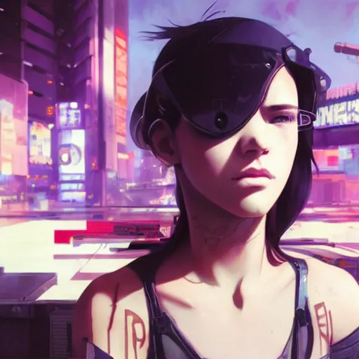 Image similar to a film still of a cyberpunk girl with a smirk, finely detailed features, aviators, closeup at the faces, dramatic cinematic, at cyberpunk city, gapmoe yandere grimdark, trending on pixiv fanbox, painted by greg rutkowski makoto shinkai takashi takeuchi craig mullins, alphonse mucha, studio ghibli, pixiv