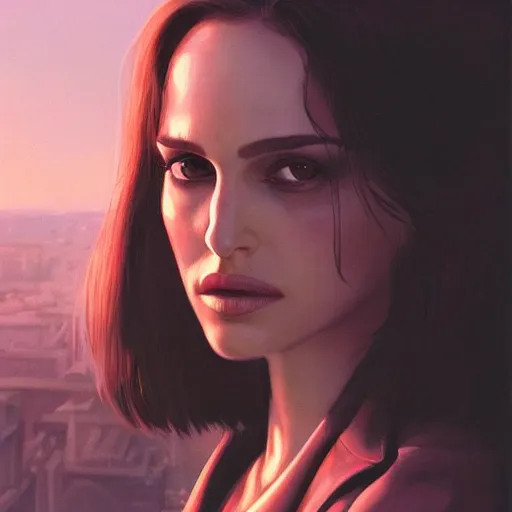 Image similar to closeup portrait of natalie portman from the movie leon the professional, hitman, city background, dramatic light, gorgeous view, depth, high detail, digital art, painted by greg rutkowski and seb mckinnon, by tim burton, trending on artstation