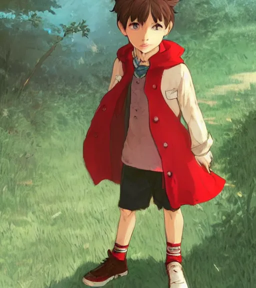 Prompt: attractive little boy character inspired in little red riding hood, digital artwork made by akihiko yoshida and makoto shinkai