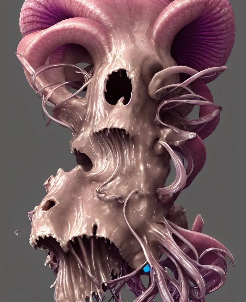 Image similar to goddess princess face close-up portrait ram skull. hard surface modelling zbrush and octane render. jellyfish phoenix head, nautilus, orchid, skull, betta fish, bioluminiscent creatures, intricate artwork by Tooth Wu and wlop and beeple. octane render, trending on artstation, greg rutkowski very coherent symmetrical artwork. cinematic, hyper realism, high detail, octane render, 8k