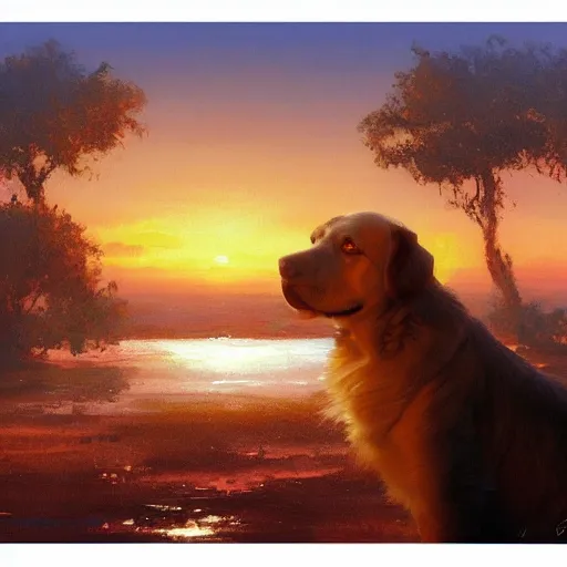 Prompt: a dog watching a beautiful sunset, paint by craig mullins