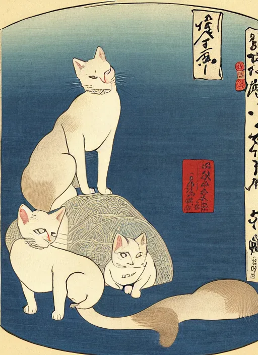 Image similar to whitecat with 2 baby white cats of utagawa hiroshige, digital painting 4 k uhd image, highly detailed