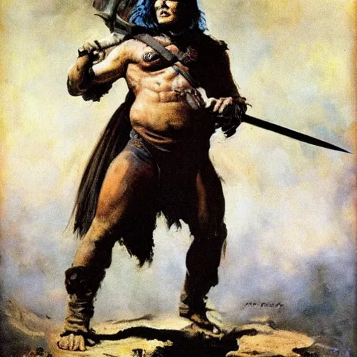 Prompt: jack black holding a sword, frank frazetta