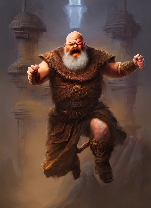 Image similar to Angry Dwarven Monk, Bald, Red Beard, Jumping, Ivan Aivakovsky, Boris Vallejo, epic fantasy character art, D&D Concept Art, full length, Realistic, Regal, Refined, Detailed Digital Art, Oil Paining, Exquisite detail, post-processing, masterpiece, Cinematic Lighting, Unreal Engine, 8k, HD