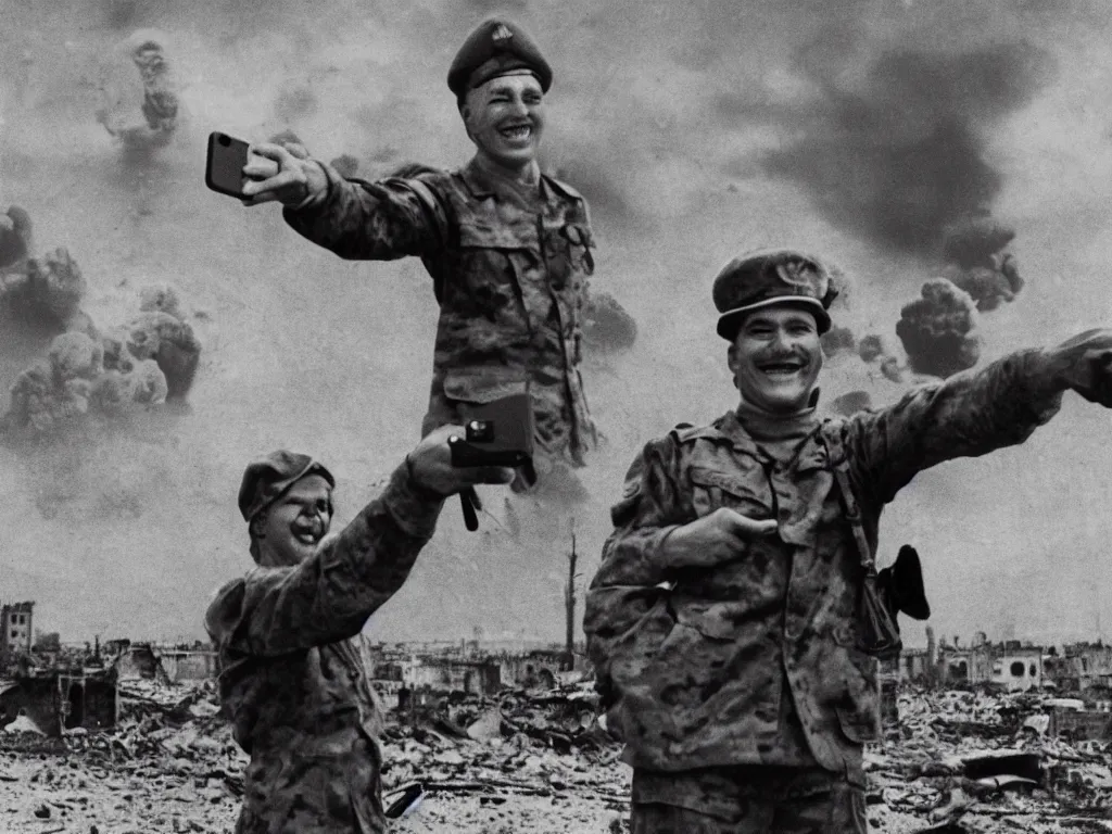 Prompt: a hysterical smiling soldier taking selfies, posing in front of bombed city, explosions in the background, close ups, war scenery, surrealism aesthetic, technicolor tv, noise