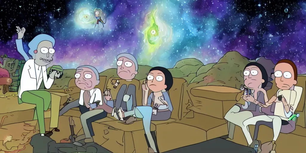 Image similar to sky, stars, galaxy, rick and morty playing harry potter