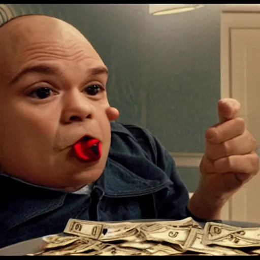 Prompt: pepe eating money, realistic, frame from the movie