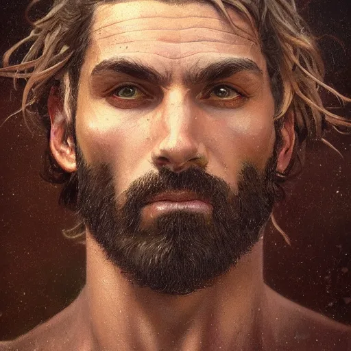 Image similar to portrait of the god of the mountains, 30 years old, rugged, male, gorgeous, detailed face, amazing, hairy torso, muscular, intricate, highly detailed, digital painting, artstation, concept art, sharp focus, illustration, art by greg rutkowski and alphonse mucha