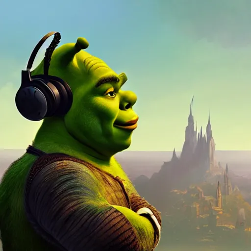 Image similar to shrek wearing vr headset, highly detailed, digital painting, artstation, concept art, sharp focus, illustration, art by greg rutkowski and alphonse mucha