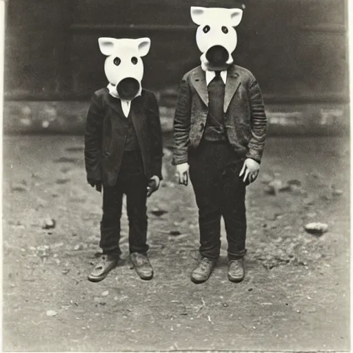 Image similar to portrait of children wearing pig masks, photograph, style of atget, 1 9 1 0, creepy, dark