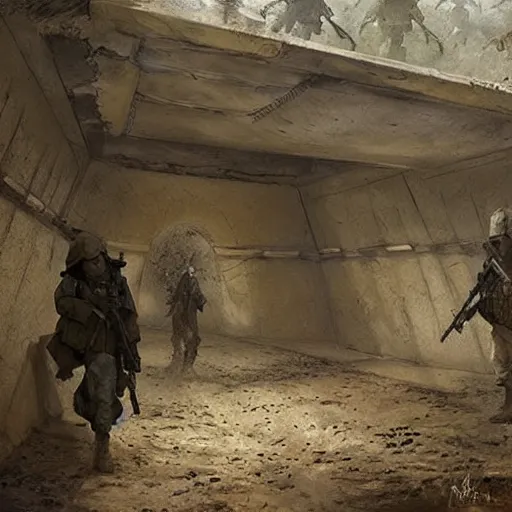 Image similar to two soldiers hiding in an bunker, Matte painting , detailed painting, greg rutkowski