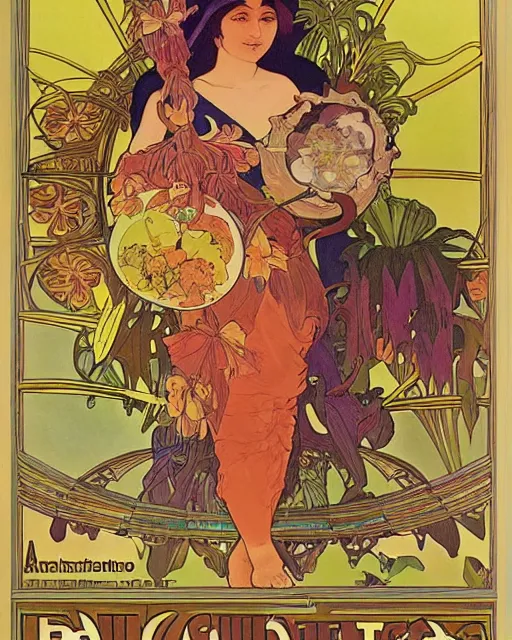 Image similar to a Poster of a bacalaito fritter with tropical iconography of a variety of tropical flora, cell shading, by Alphonse Mucha, Moebius, hiroshi yoshida, Art Nouveau, colorful, ultradetailed, vivid colour, 3d