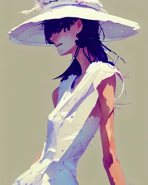 Image similar to a ultradetailed beautiful painting of a stylish woman wearing a white dress with a sun hat, by conrad roset, greg rutkowski and makoto shinkai trending on artstation