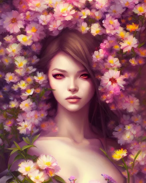 Image similar to a painting of a beautiful woman surrounded by flowers, an ultrafine detailed painting by ross tran, full body, featured on deviantart, fantasy art, detailed painting, deviantart, anime