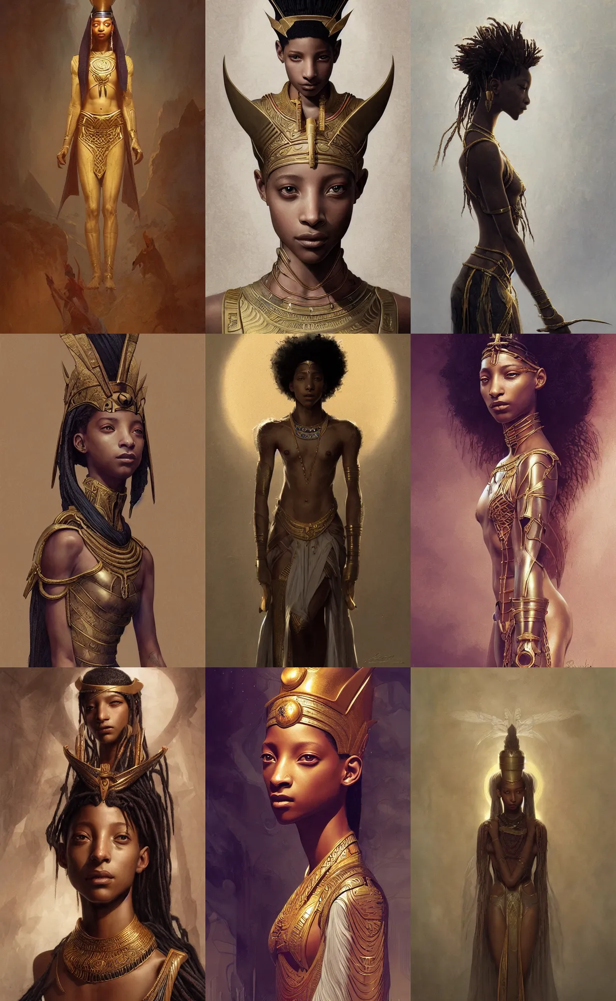 Prompt: Willow Smith as pharaoh, intricate, elegant, highly detailed, digital painting, artstation, concept art, smooth, sharp focus, illustration, art by and greg rutkowski and orientalism and bouguereau