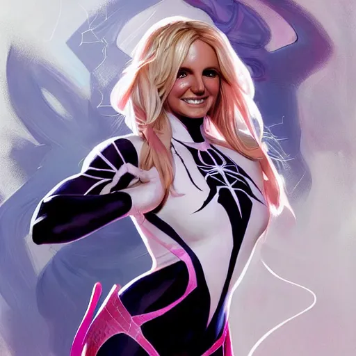 Image similar to britney spears as spider - gwen, western, d & d, fantasy, intricate, elegant, highly detailed, digital painting, artstation, concept art, matte, sharp focus, illustration, art by artgerm and greg rutkowski and alphonse mucha