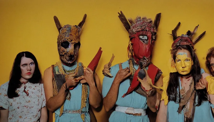 Image similar to 60s movie still of a tribe with taxidermic bloody mask in an empty yellow tiles ballroom with light blue beds, cinestill 800t 35mm technicolor, heavy grain, high quality, higly detailed, liminal space style