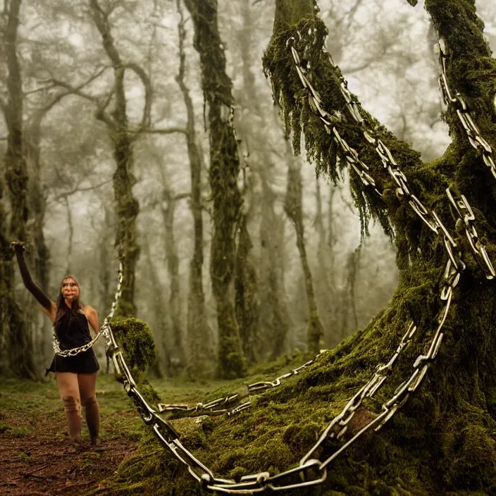 Image similar to a closeup of a woman wrapped in chains, dragging a pile of chains, in a foggy mossy forest, by Omar Z. Robles, CANON Eos C300, ƒ1.8, 35mm, 8K, medium-format print