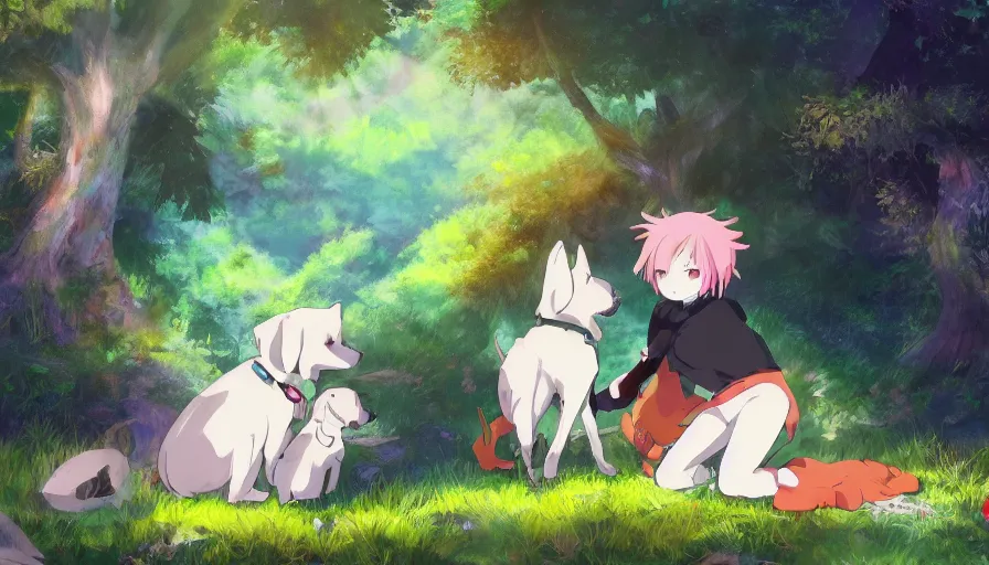 Prompt: Rem from Zero Two petting a dog in the forest. Beautiful anime lush forest background. Golden hour. Trending on art station