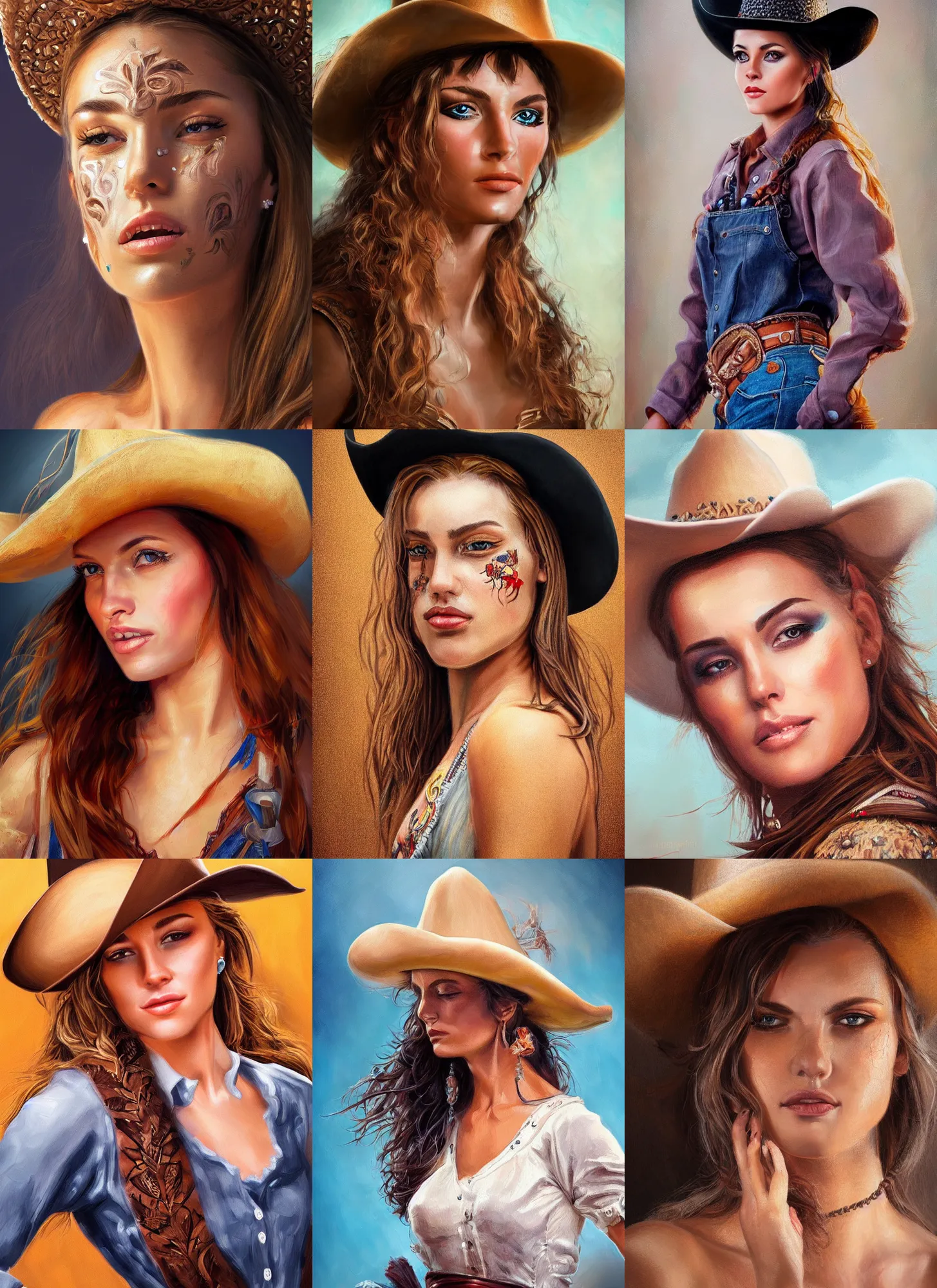 Prompt: detailed full body concept oil painting of a cowgirl beautiful face, elegant pose, illustration, insanely detailed and intricate clothing, soft lighting and focus