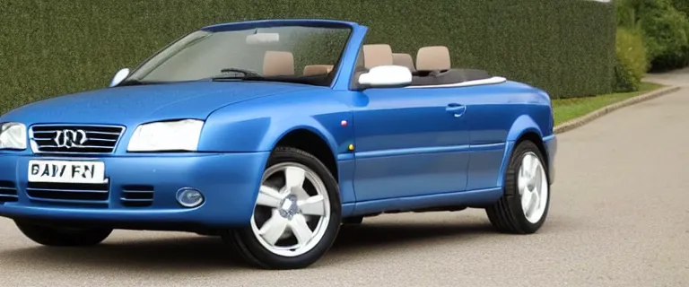 Image similar to Denim Blue Audi A4 B6 Avant Convertible (2002), soft top roof raised, red interior, created by Barclay Shaw