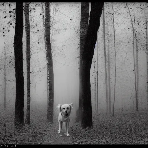 Prompt: yellow dog man infrared trailcam footage, liminal, black and white, foggy, creepypasta