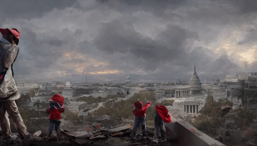 Image similar to father with shotgun and his son with red hat looking at destroyed washington dc from a rooftop, debris, destruction, cloudy day, vegetation, hyperdetailed, artstation, cgsociety, 8 k