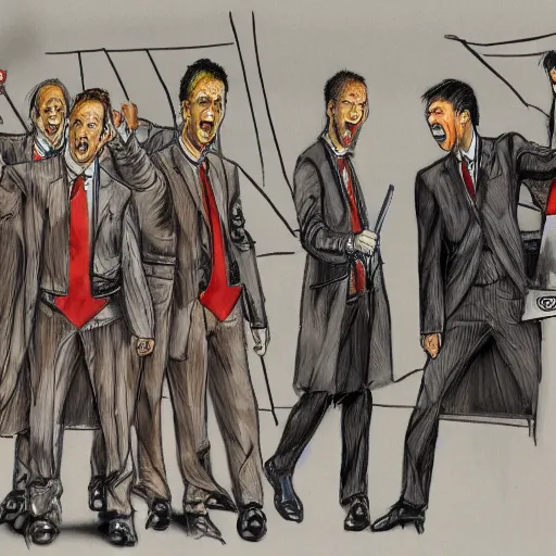 Image similar to highly detailed realistic sketch of UN members in suits yelling at a cyborg samurai, fear and anger in their eyes, colored , award winning , masterpiece on a scroll , post-processing