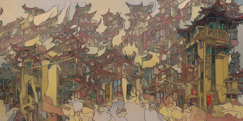 Image similar to a painting of abstract buildings like chinese ancient village houses by alphonse mucha and yves tanguy