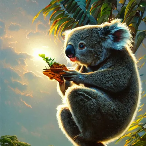 Image similar to Highly detailed portrait of Koala eating a taco, Stephen Bliss, unreal engine, fantasy art by Greg Rutkowski, Loish, Rhads, ferdinand knab, Makoto Shinkai and Lois van baarle, ilya kuvshinov, rossdraws, Tom Bagshaw, alphonse mucha, global illumination, radiant light, detailed and intricate environment