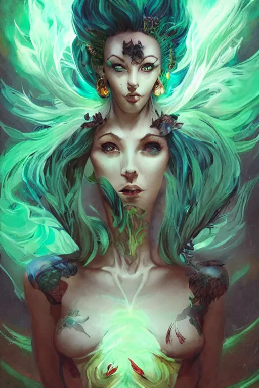 Prompt: upper body portrait shot of green hair tattooed pinup hannah murray, model pose, bright color, sun shining through, sharp focus, highly detailed face, specular reflection, art by anato finnstark and lecouffe deharme and pete mohrbacher and quentin mabille and frank moth, fantasy illustrations, epic light novel cover art