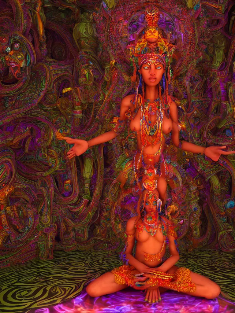 Image similar to a centered render of an alluring tribal goddess meditating in a mystical psychedelic temple, full body, gorgeous face, perfect face, powerful, by viktoria gavrilenko, 3 d, trending on artstation, octane render, 8 k