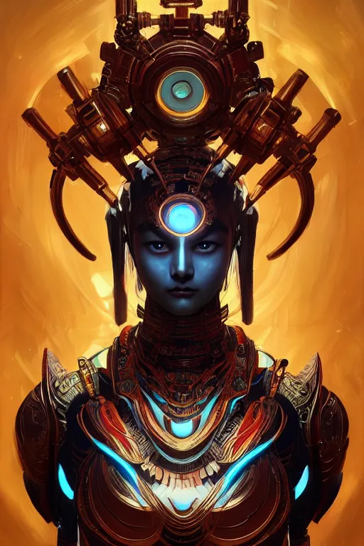 Image similar to asura from chinese myth, ghost, mecha, symmetrical. sci - fi, tech wear, glowing lights, intricate, elegant, highly detailed, digital painting, highly detailed, digital painting, artstation, concept art, smooth, sharp focus, illustration, art by artgerm and greg rutkowski and alphonse mucha