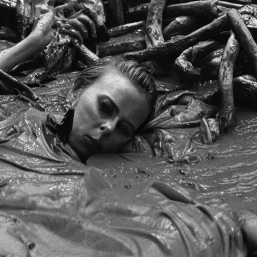 Prompt: film still, close up, charlize theron rising out of muddy vietnam river, face covered in mud, low camera angle at water level, night time, film still from apocalypse now ( 1 9 7 9 ), 2 6 mm.