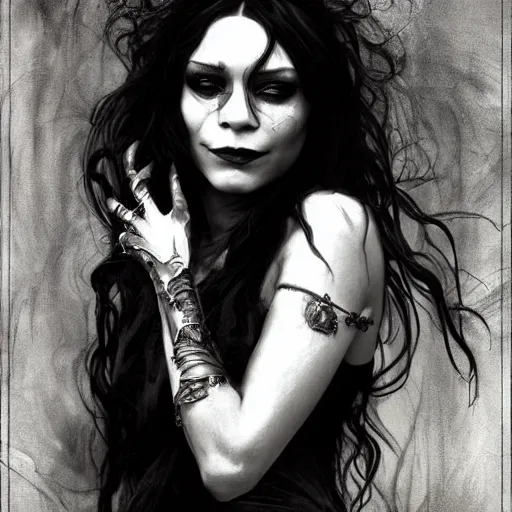 Image similar to beautiful portrait of vanessa hudgens as death from sandman, smiling, by cedric peyravernay, alphonse mucha, by jeremy mann, by lecouffe deharme, goth chic, soft lightning, eyeliner, punk rock, high detailed, 8 k