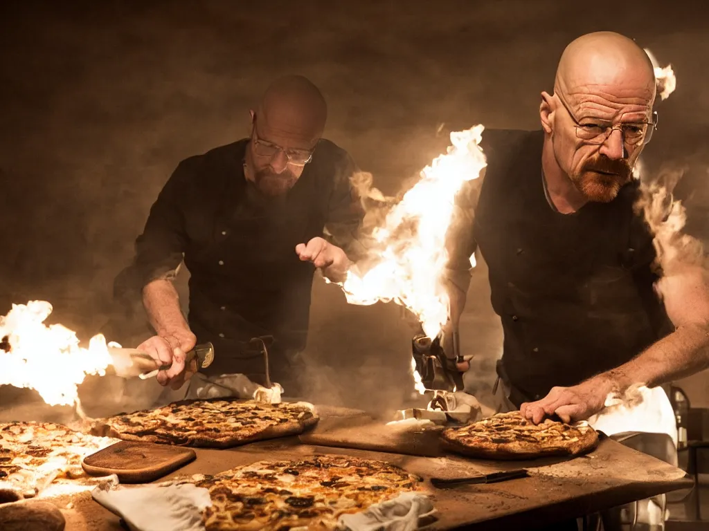 Image similar to walter white making pizza with a blowtorch in the desert, dramatic lighting, still from breaking bad