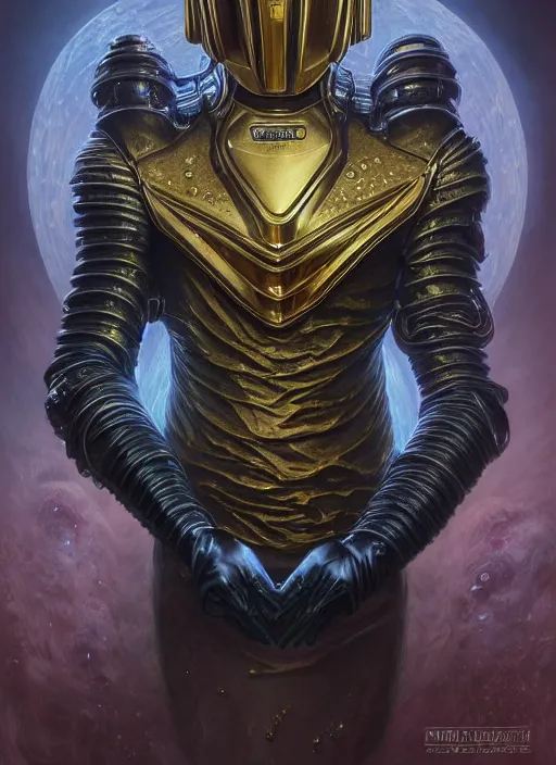 Image similar to dark lovecraft horror machine glowing daft punk eyes, gold and silver chrome armor, elegant, highly detailed, centered, digital painting, artstation, concept art, smooth, sharp focus, illustration, artgerm, tomasz alen kopera, peter mohrbacher, donato giancola, joseph christian leyendecker, wlop, frank frazetta