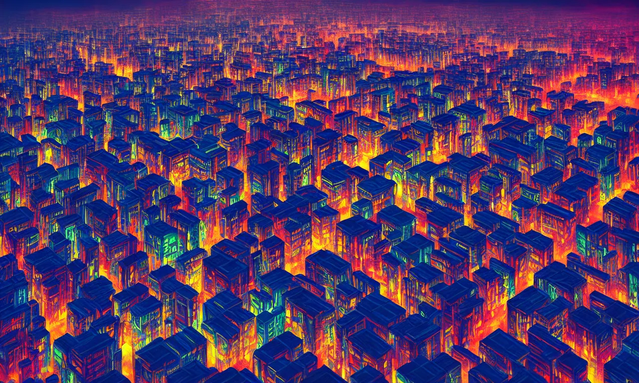 Image similar to bird eye view colorful photograph of a futuristic city, science fiction, night lights, beautifully lit buildings, drone view, mystic hues, distant, sharp focus, volumetric lights, digital art, RTX, hyperrealistic, cinematic, acid pixie, by lee madgwick