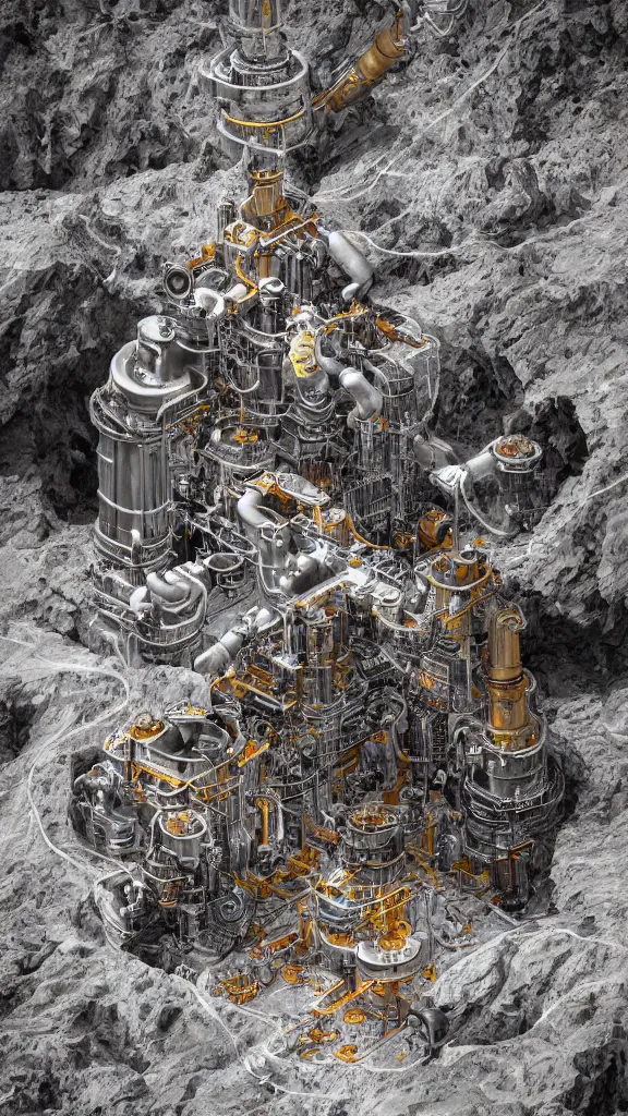 Prompt: ultra realistic macro photography of the giant psychedelic magical machine embedded within the mountain, sedimentary rock and marble, industrial machinery, pistons, pipes and valves, super conducters, reactor circuits. 8k Isometric geology photography