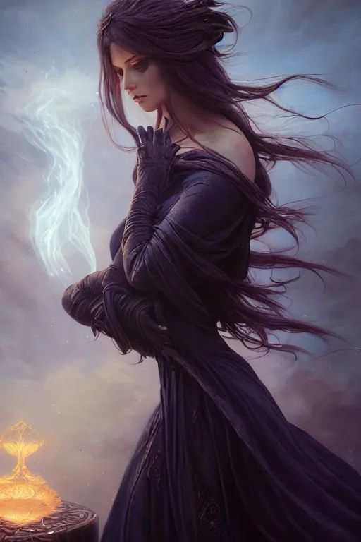 Image similar to seductive looking sorceress prays!!! magic the gathering, windy hair!, surreal dark fantasy, cinematic volumetric lights, portrait, dnd, intricate, elegant, highly detailed, digital painting, artstation, concept art, smooth, sharp focus, illustration, art by artgerm and tom bagshaw and greg rutkowski and alphonse mucha