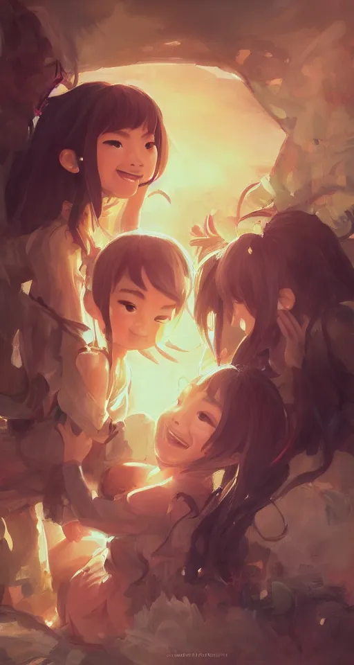Prompt: a painting of cute Asian girls smiling, in the style of DreamWorks animation, low angle view, 16mm lens, award winning, hyper detailed, dramatic lighting, artstation, octane renderer, unreal engine