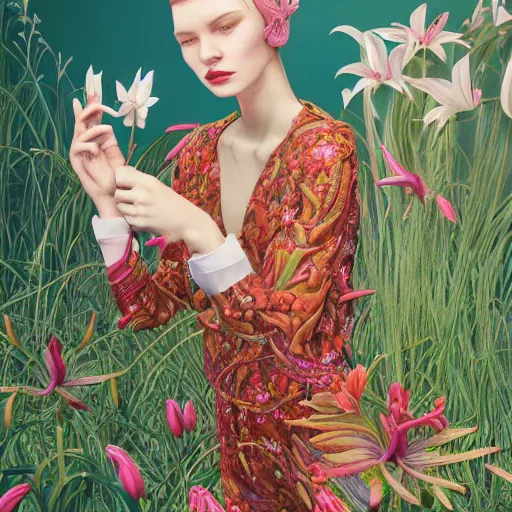 Prompt: pretty model with lilies : : by martine johanna and simon stalenhag and chie yoshii and casey weldon and wlop : : ornate, dynamic, particulate, rich colors, intricate, elegant, highly detailed, vogue, harper's bazaar art, fashion magazine, smooth, sharp focus, 8 k, octane render