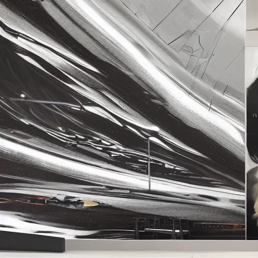 Prompt: digital sci-fi oily gloss reflection zaha hadid airport motherboard wall structure with organic forms in liquid and oil on the coronation of napoleon painting, on moon with medium size man walking with black background and digital billboard in the middle. unreal engine 5, keyshot, octane, artstation trending, by Zaha Hadid architects, by Matrix film color, high contrast pinterest black plastic, dark atmosphere pinterest tilt shift, 4k, 8k, 16k.