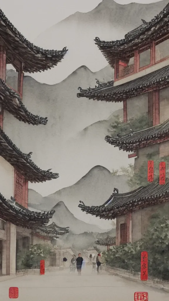 Prompt: Realistic watercolor painting of a ancient Chinese commercial street landscape,entrance of ancient Chinese city wall in the distance,foggy mountains in the background