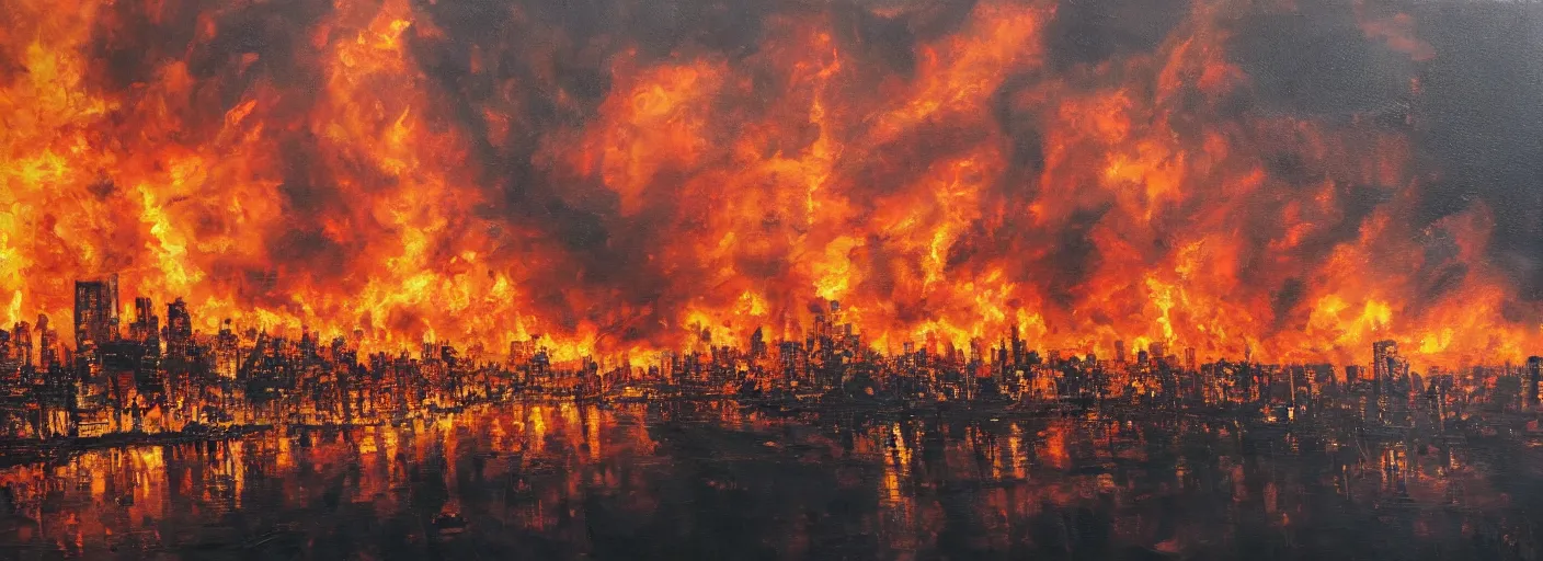 Image similar to a city on fire, oil on canvas