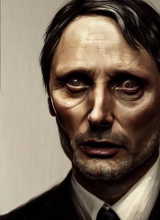 Image similar to portrait of Mads Mikkelsen as Hannibal Lecter, highly detailed, centered, solid color background, digital painting, artstation, concept art, smooth, sharp focus, illustration, artgerm, donato giancola, Joseph Christian Leyendecker, Les Edwards, Ed Repka, WLOP, Artgerm