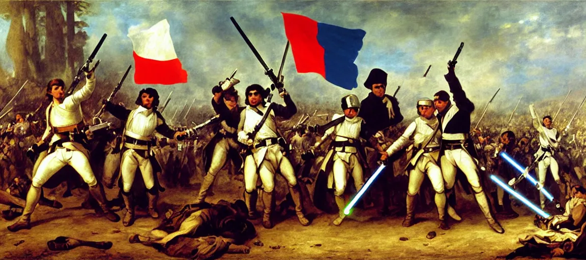 Prompt: liberty leading the people, french revolution, flag, quebec fleurdelise, blue fleur - de - lis, eugene delacroix, jedi, lightsaber, ewoks, at - st, tie - fighter, endor forest, oil on canvas